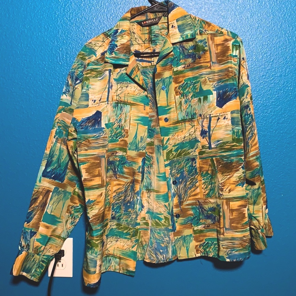 VINTAGE 80s Art Inspired Long-sleeve Button Up | (MISSING ONE MIDDLE BUTTON)